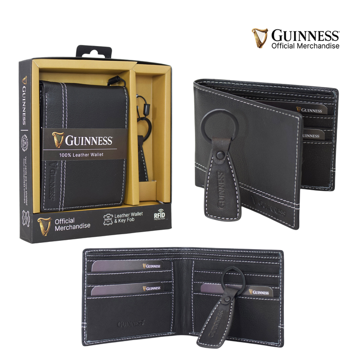 Guinness® Black Leather Wallet & Key Fob Gift Set– RFID Blocking, Bi-Fold Wallet