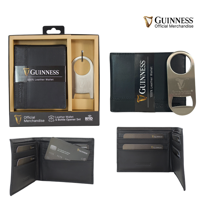 Guinness Leather Wallet Gift Set RFID Secure + Bottle Opener Official UK