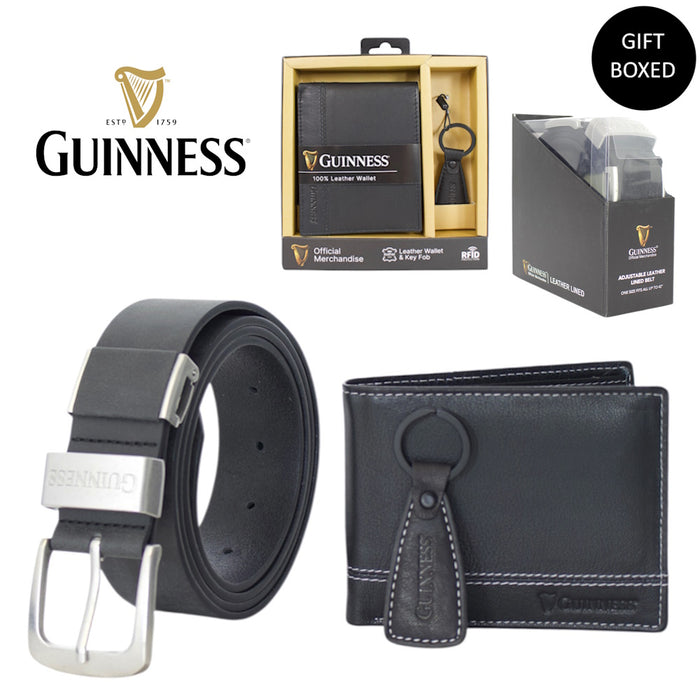 Guinness Wallet, Key Fob & Belt Gift Set – RFID Secure Black Leather, Gift Boxed