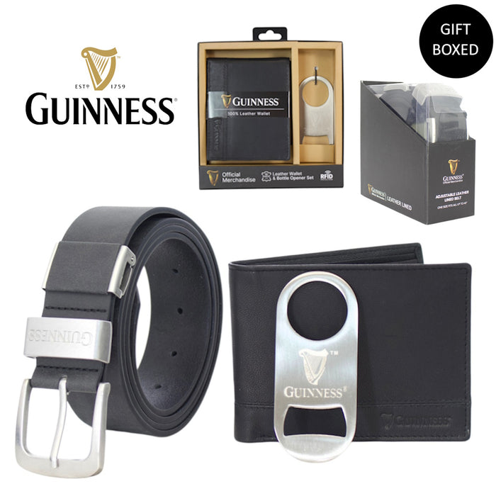 Guinness Wallet, Bottle Opener & Belt Gift Set – RFID Secure Black Leather, Gift Boxed
