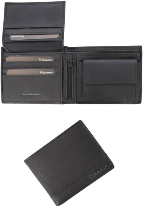 Guinnessยฎ Black Leather Wallet with Coin Pocket โ RFID Blocking, 7 Card Slots, Zipped Pocket, Menโs Bi-Fold Wallet, Stylish & Durable Genuine Leather โ Official Merchandise