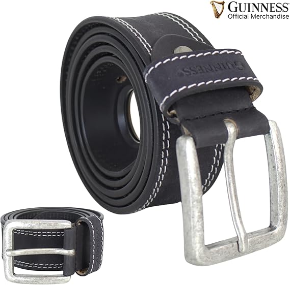 Guinness Official Full Grain Leather Belt for Men β Heavy-Duty Black Leather with Double Stitching & Metal Buckle β Genuine Branded Gift