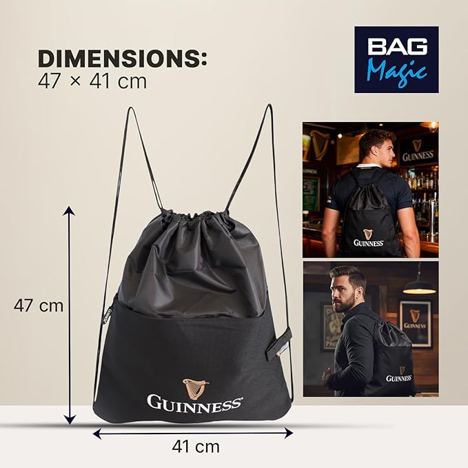 2x Guinness Official Drawstring Bags – Black Water-Resistant Sports & Gym Sacks with Zip Pocket | Lightweight Backpacks for Football, Travel & Everyday Use | Licensed Guinness Merchandise 47x41cm