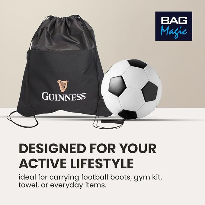 2x Guinness Official Drawstring Bags – Black Water-Resistant Sports & Gym Sacks with Zip Pocket | Lightweight Backpacks for Football, Travel & Everyday Use | Licensed Guinness Merchandise 47x41cm
