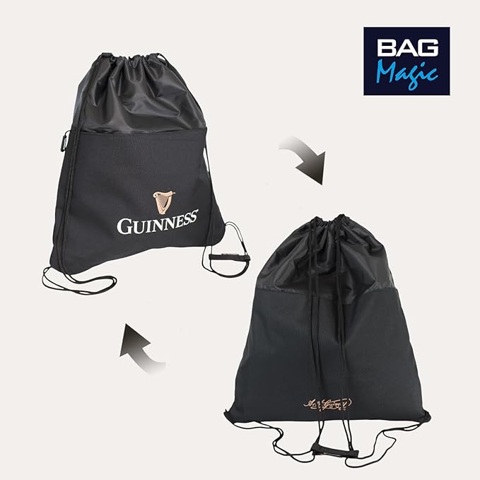 2x Guinness Official Drawstring Bags – Black Water-Resistant Sports & Gym Sacks with Zip Pocket | Lightweight Backpacks for Football, Travel & Everyday Use | Licensed Guinness Merchandise 47x41cm