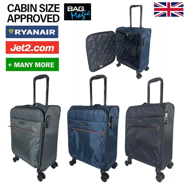 Bordlite Soft Sided Cabin Approved Hand Luggage Suitcase, 52x35x20cm - Black, Blue, Grey