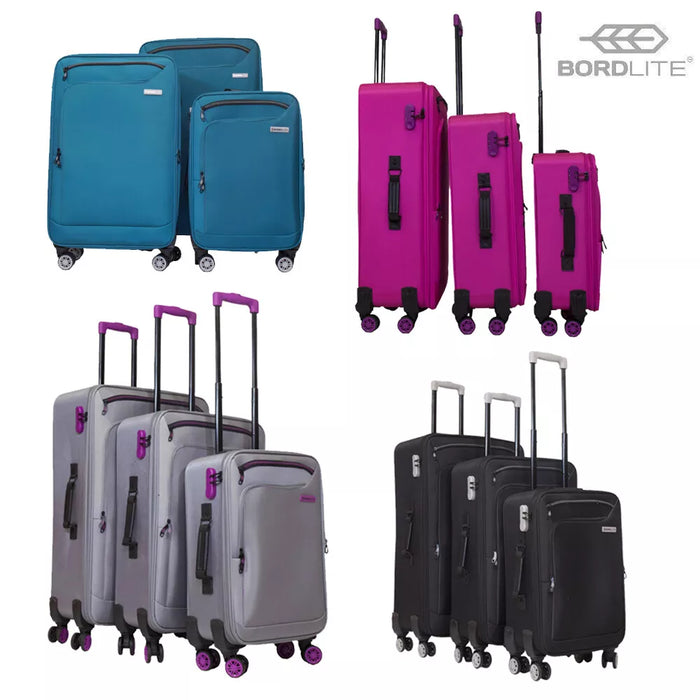 Bordlite Lightweight Soft Suitcase, 4x 360° Spinner Wheels + Combination Lock - Sizes 29, 25 & 20 Inch