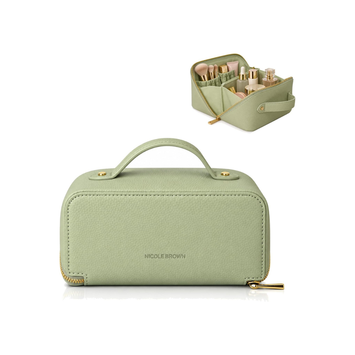 Nicole Brown Large Makeup Bag for Women 24x12x12cm – Cosmetic Organiser with Compartments & Brush Holders – Travel Toiletry Bag with Gold Zip & Carry Handle