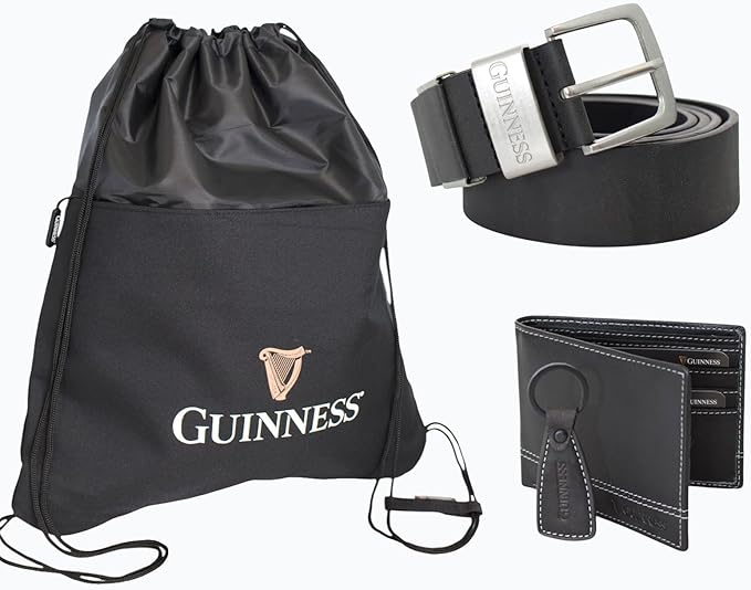 Guinness Official Men’s Gift Set – Leather Wallet, Key Fob & Adjustable Belt with Water-Resistant Drawstring Bag | RFID Blocking Genuine Leather | Premium Licensed Guinness Merchandise