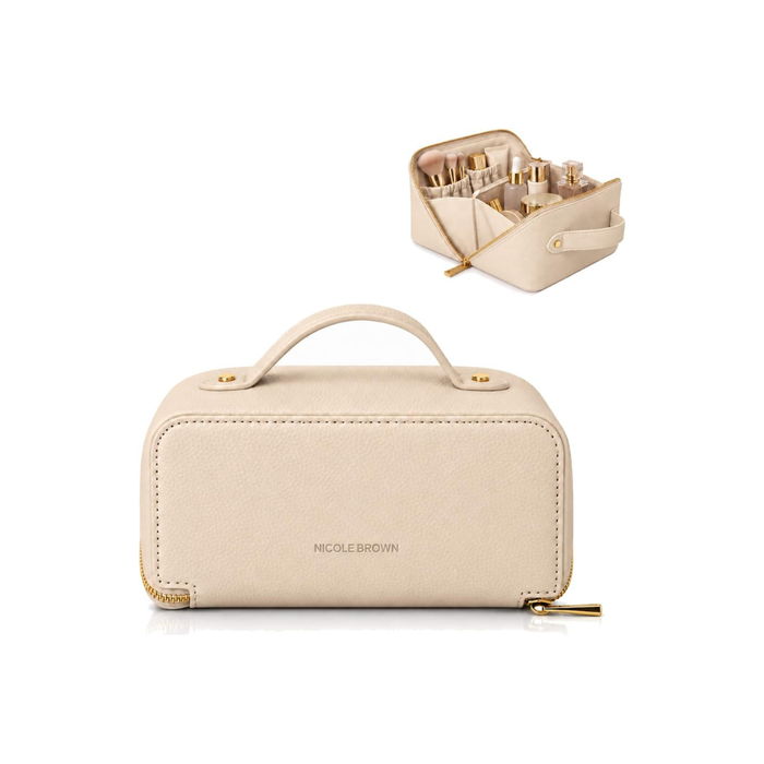 Nicole Brown Large Makeup Bag for Women 24x12x12cm – Cosmetic Organiser with Compartments & Brush Holders – Travel Toiletry Bag with Gold Zip & Carry Handle