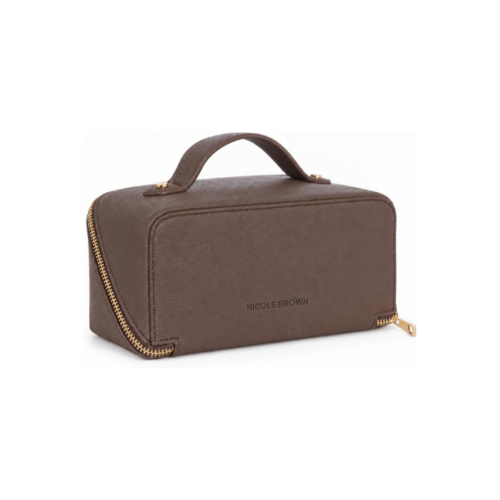 Nicole Brown Small Makeup Bag for Women 19x10x10cm – Compact Cosmetic Organiser with Compartments & Brush Holders – Travel Toiletry Case with Zipped Pocket & Carry Handle