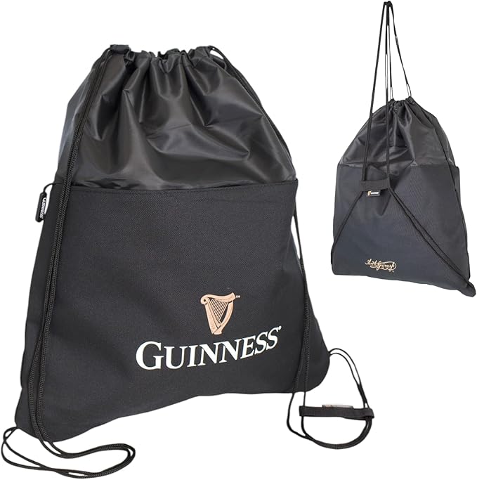 Guinness Official Drawstring Bag – Black Water-Resistant Sports & Gym Sack with Zip Pocket | Lightweight Backpack for Football, Travel & Everyday Use | Licensed Guinness Merchandise 47x41cm