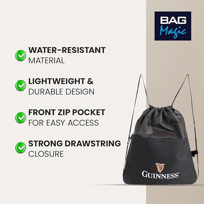 Guinness Official Drawstring Bag – Black Water-Resistant Sports & Gym Sack with Zip Pocket | Lightweight Backpack for Football, Travel & Everyday Use | Licensed Guinness Merchandise 47x41cm