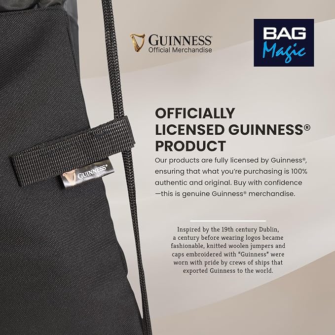 Guinness Official Drawstring Bag – Black Water-Resistant Sports & Gym Sack with Zip Pocket | Lightweight Backpack for Football, Travel & Everyday Use | Licensed Guinness Merchandise 47x41cm