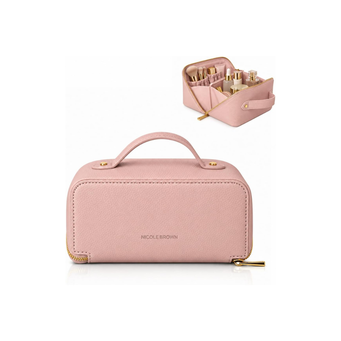Nicole Brown Large Makeup Bag for Women 24x12x12cm – Cosmetic Organiser with Compartments & Brush Holders – Travel Toiletry Bag with Gold Zip & Carry Handle