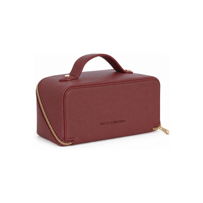Nicole Brown Small Makeup Bag for Women 19x10x10cm – Compact Cosmetic Organiser with Compartments & Brush Holders – Travel Toiletry Case with Zipped Pocket & Carry Handle