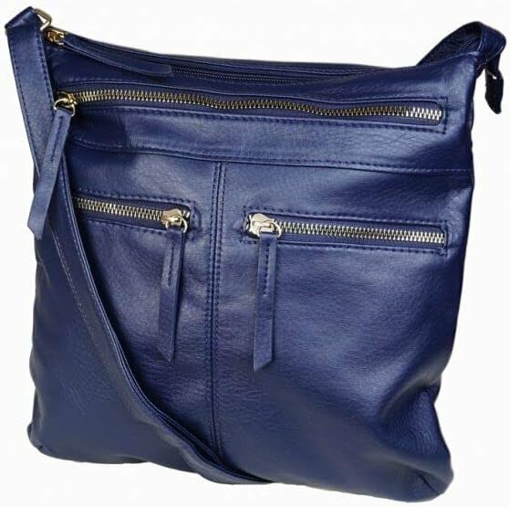 Nicole Brown - Faux Leather Ladies Crossbody Handbag - Multi Zipped Front Pockets Women's Bag (Navy)