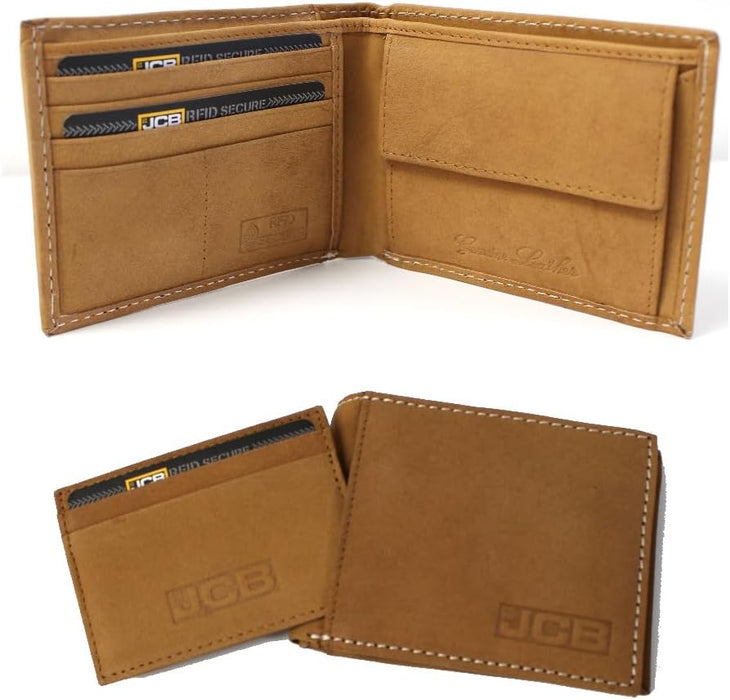 JCB Boxed Adjustable Leather Brown Mens Belt & Genuine Leather Tan Wallet Bundle Pack