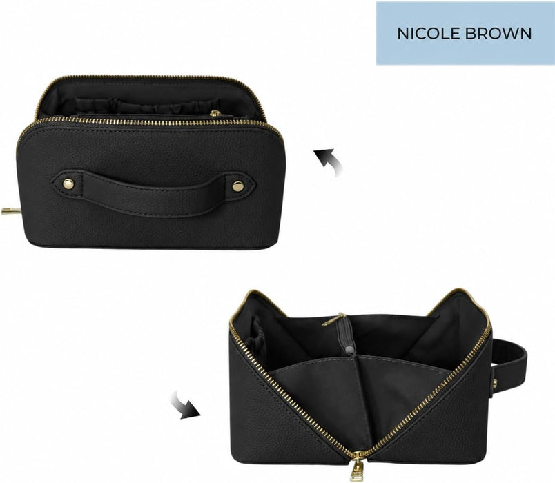 Nicole Brown Large Makeup Bag for Women 24x12x12cm – Cosmetic Organiser with Compartments & Brush Holders – Travel Toiletry Bag with Gold Zip & Carry Handle