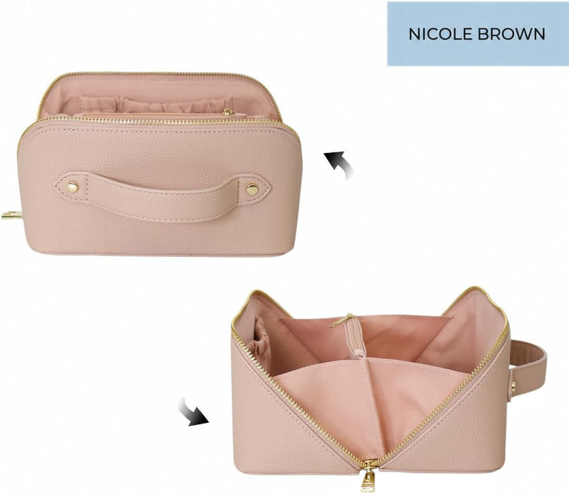 Nicole Brown Large Makeup Bag for Women 24x12x12cm – Cosmetic Organiser with Compartments & Brush Holders – Travel Toiletry Bag with Gold Zip & Carry Handle
