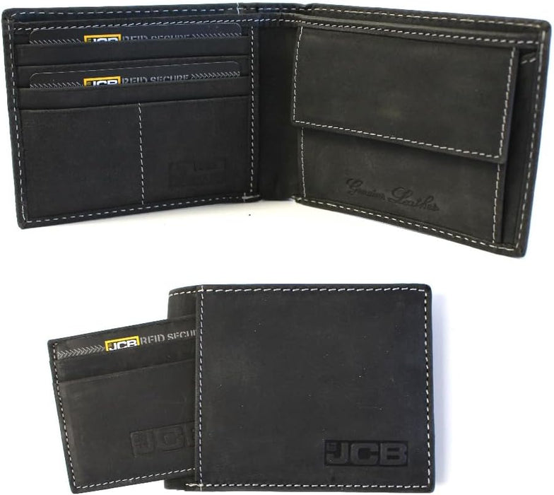 JCB Adjustable Black Leather Mens Belt & Genuine Leather Black Wallet - Bundle