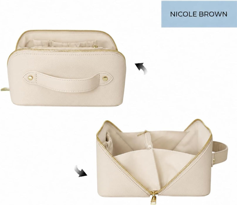 Nicole Brown Large Makeup Bag for Women 24x12x12cm – Cosmetic Organiser with Compartments & Brush Holders – Travel Toiletry Bag with Gold Zip & Carry Handle