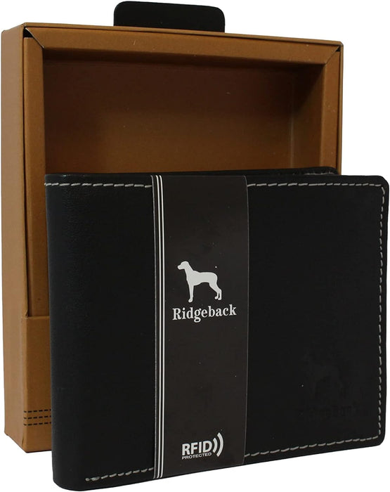 Ridgeback - Mens Black Real Leather Bi-Fold Wallet | RFID Protection 8 Card Money Wallet