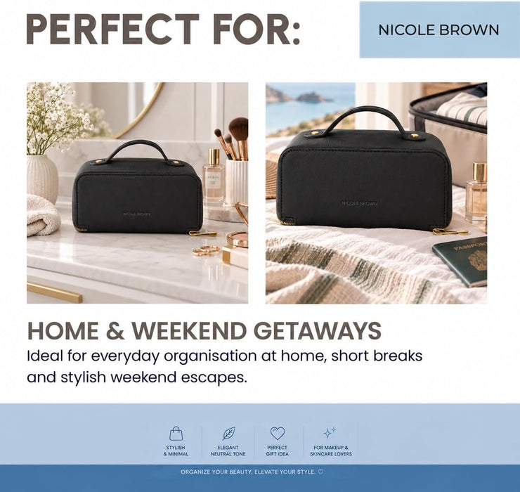 Nicole Brown Large Makeup Bag for Women 24x12x12cm – Cosmetic Organiser with Compartments & Brush Holders – Travel Toiletry Bag with Gold Zip & Carry Handle