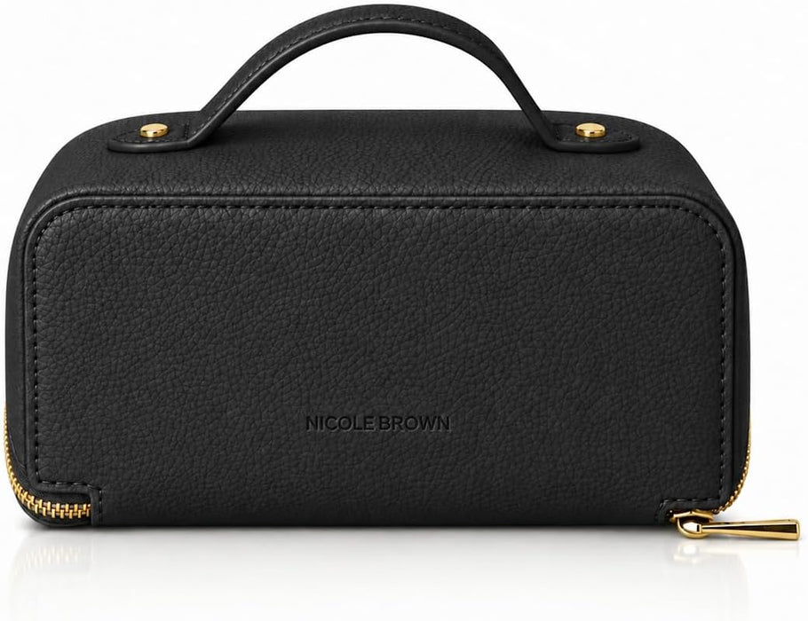 Nicole Brown Large Makeup Bag for Women 24x12x12cm – Cosmetic Organiser with Compartments & Brush Holders – Travel Toiletry Bag with Gold Zip & Carry Handle