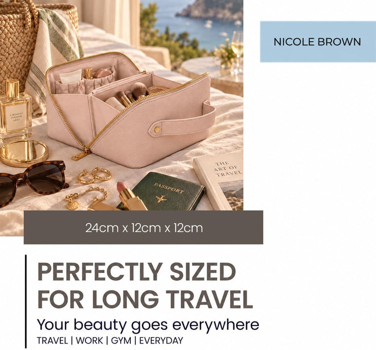 Nicole Brown Large Makeup Bag for Women 24x12x12cm – Cosmetic Organiser with Compartments & Brush Holders – Travel Toiletry Bag with Gold Zip & Carry Handle