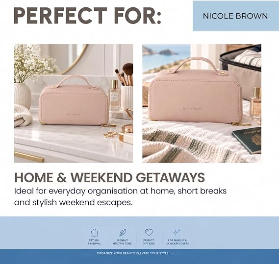 Nicole Brown Large Makeup Bag for Women 24x12x12cm – Cosmetic Organiser with Compartments & Brush Holders – Travel Toiletry Bag with Gold Zip & Carry Handle
