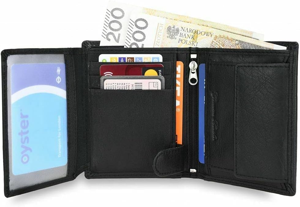 Ridgeback - Mens Bi Fold Leather Wallet Coin Purse Note Holder ID Case | Genuine Leather (Black)