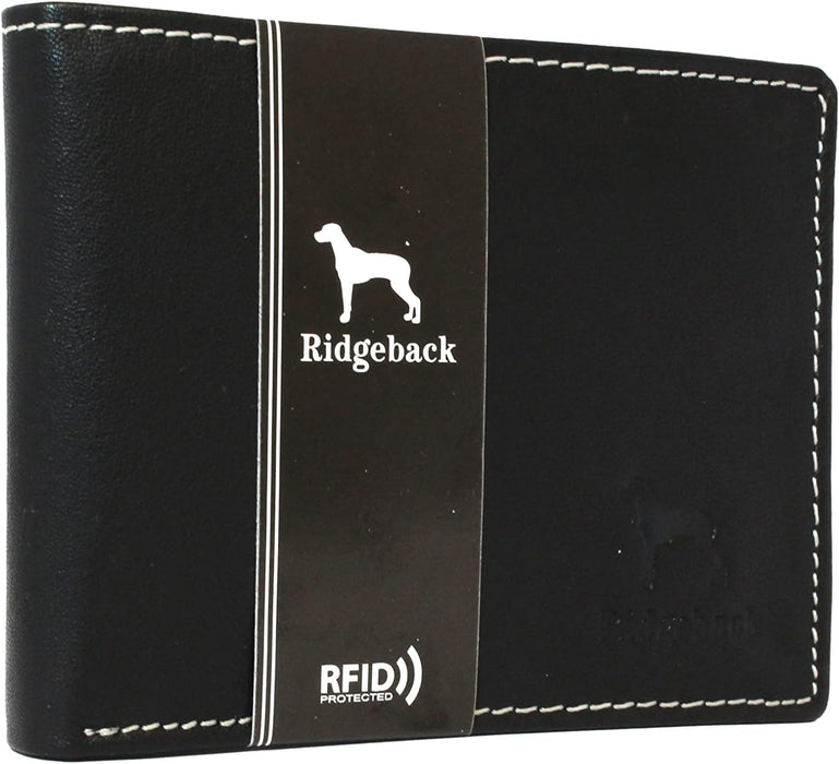 Ridgeback - Mens Black Real Leather Bi-Fold Wallet | RFID Protection 8 Card Money Wallet