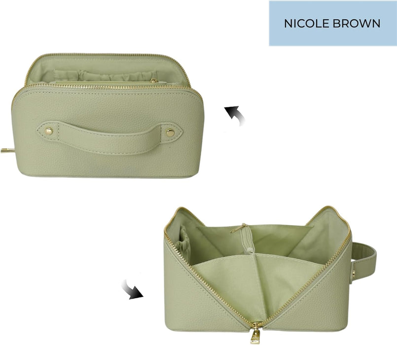 Nicole Brown Large Makeup Bag for Women 24x12x12cm – Cosmetic Organiser with Compartments & Brush Holders – Travel Toiletry Bag with Gold Zip & Carry Handle