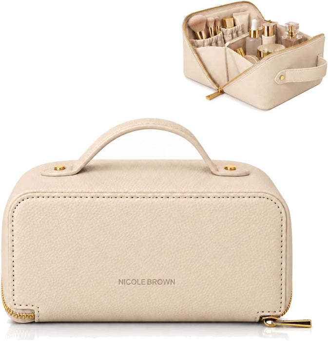 Nicole Brown Large Makeup Bag for Women 24x12x12cm – Cosmetic Organiser with Compartments & Brush Holders – Travel Toiletry Bag with Gold Zip & Carry Handle