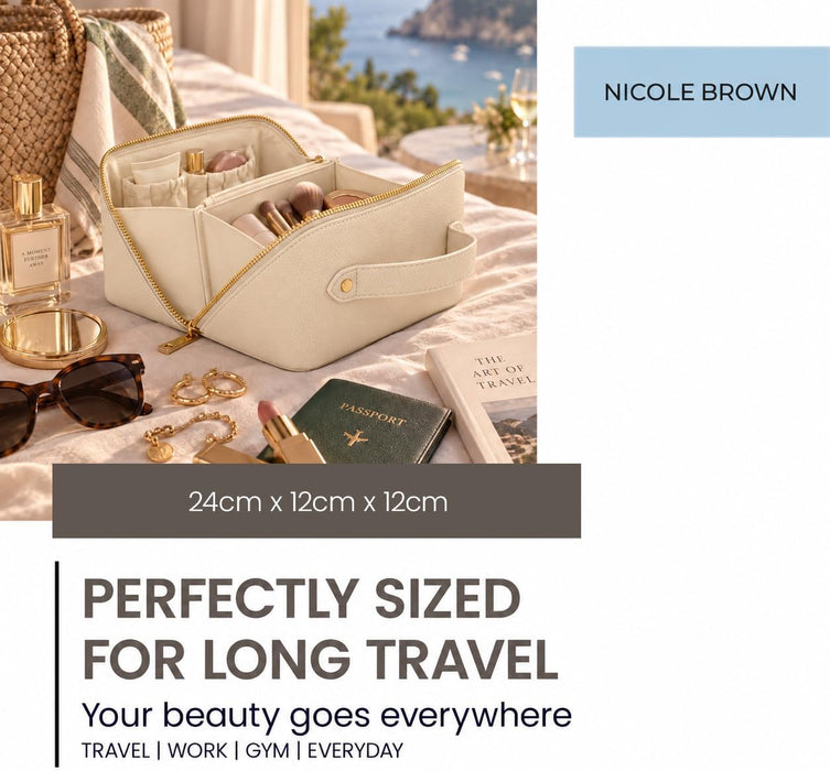Nicole Brown Large Makeup Bag for Women 24x12x12cm – Cosmetic Organiser with Compartments & Brush Holders – Travel Toiletry Bag with Gold Zip & Carry Handle