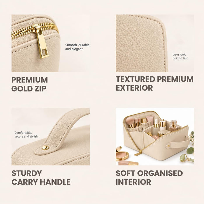 Nicole Brown Large Makeup Bag for Women 24x12x12cm – Cosmetic Organiser with Compartments & Brush Holders – Travel Toiletry Bag with Gold Zip & Carry Handle
