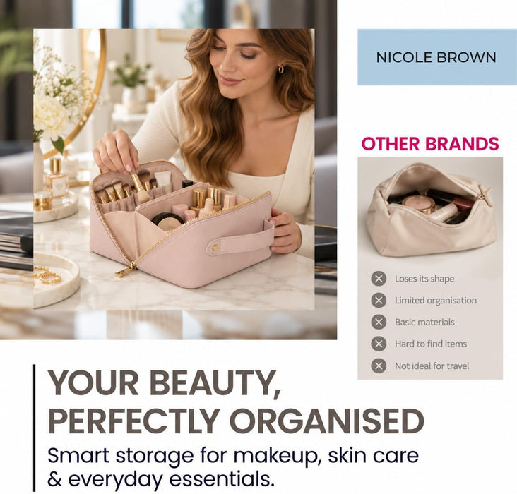 Nicole Brown Large Makeup Bag for Women 24x12x12cm – Cosmetic Organiser with Compartments & Brush Holders – Travel Toiletry Bag with Gold Zip & Carry Handle