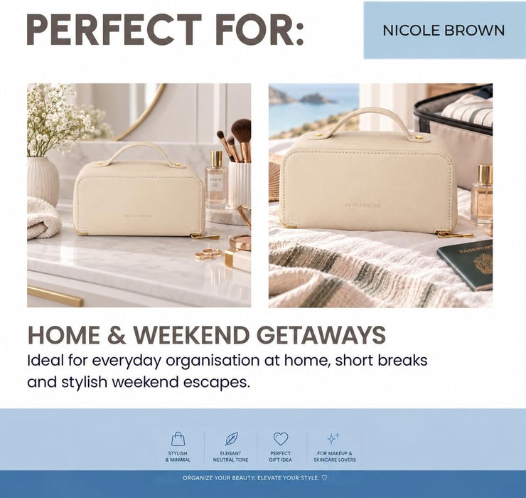 Nicole Brown Large Makeup Bag for Women 24x12x12cm – Cosmetic Organiser with Compartments & Brush Holders – Travel Toiletry Bag with Gold Zip & Carry Handle