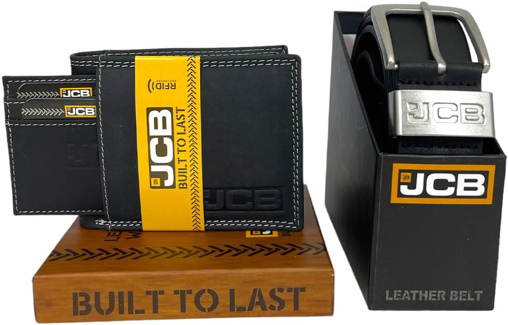 JCB Adjustable Black Leather Mens Belt & Genuine Leather Black Wallet - Bundle