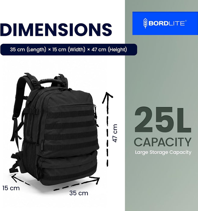 Bordlite 25L Military Tactical Backpack, Heavy Duty MOLLE Rucksack with Padded Shoulder Straps, Waist Belt, Multiple Compartments for Hiking, Camping, Travel, Gym & Work