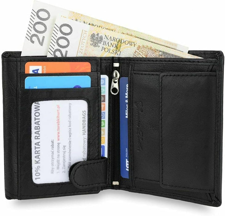 Ridgeback - Mens Bi Fold Leather Wallet Coin Purse Note Holder ID Case | Genuine Leather (Black)