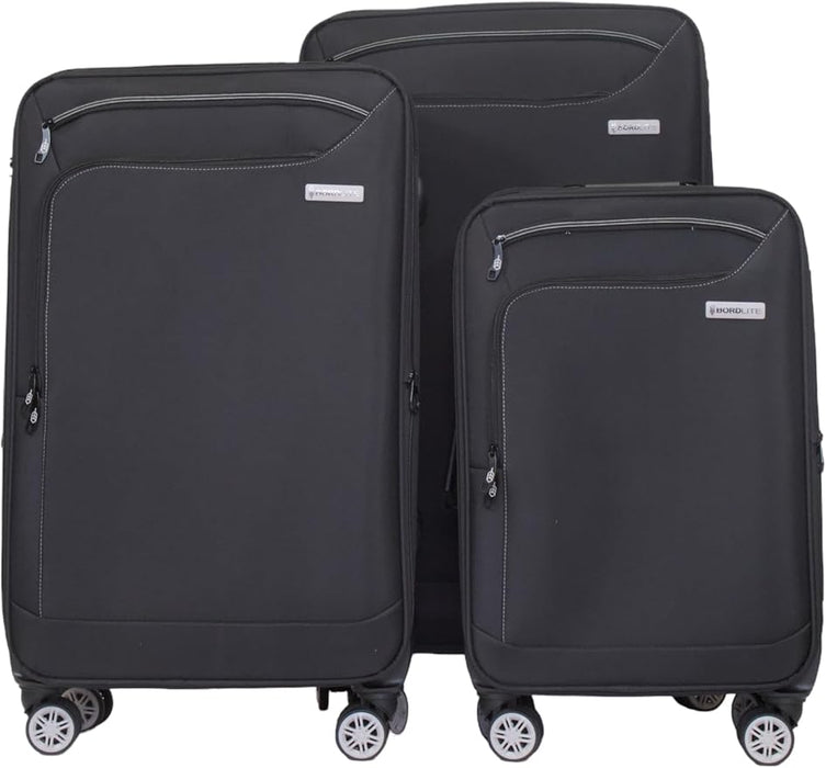 Bordlite Lightweight Black/Grey 4-Wheel Soft Cabin Luggage Easy Roll Suitcase