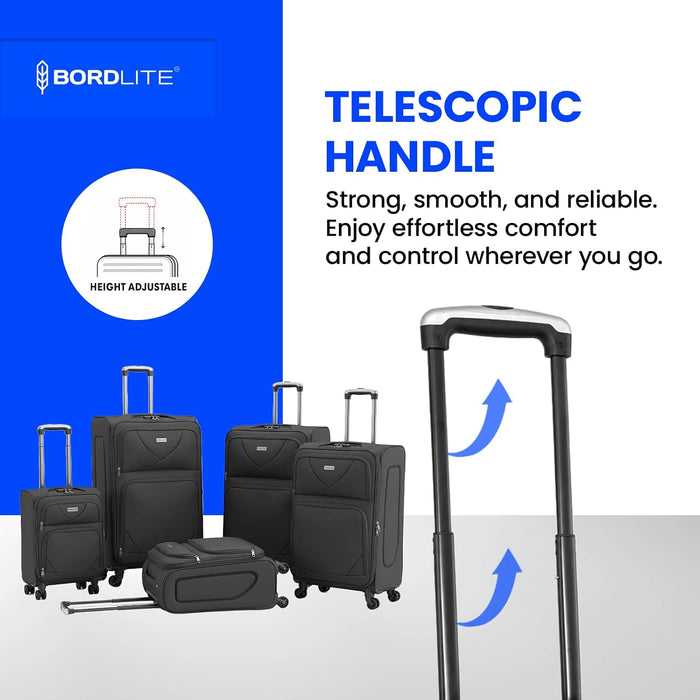Bordlite Softshell Spinner Suitcase Black - Expandable Travel Luggage with 360 Wheels, Combination Lock, Telescopic Handle and Front Pockets (Available in 19", 22", 27", 30", 34" and Bundle Sets)