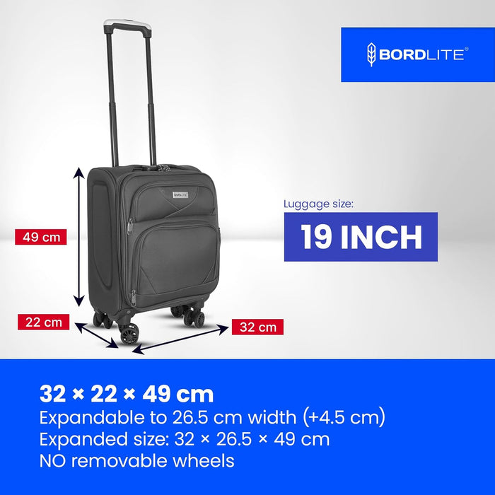 Bordlite Softshell Spinner Suitcase Black - Expandable Travel Luggage with 360 Wheels, Combination Lock, Telescopic Handle and Front Pockets (Available in 19", 22", 27", 30", 34" and Bundle Sets)