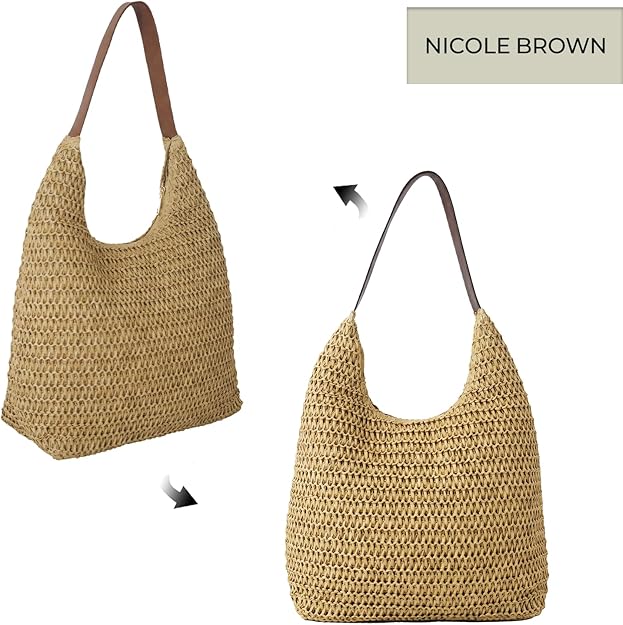 Nicole Brown Women's Straw Hobo Shoulder Bag - Woven Summer Beach Handbag with Zip Closure, Lightweight Holiday Tote for Travel, Shopping & Everyday Use