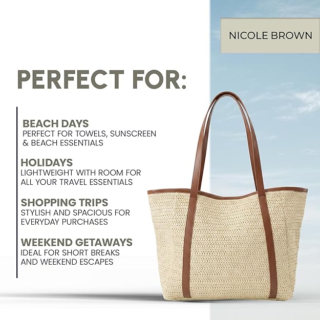 Nicole Brown Straw Tote Bag for Women – Summer Beach Shoulder Bag with Magnetic Closure & Inner Zip Pocket, Lightweight Woven Shopper for Holidays, Travel & Everyday Use