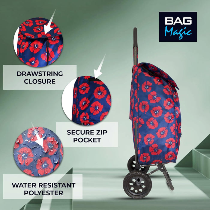 Lightweight 2 Wheel Shopping Trolley Cart 35L - Water-Resistant Bag & Smooth Rolling Wheels - 94cm