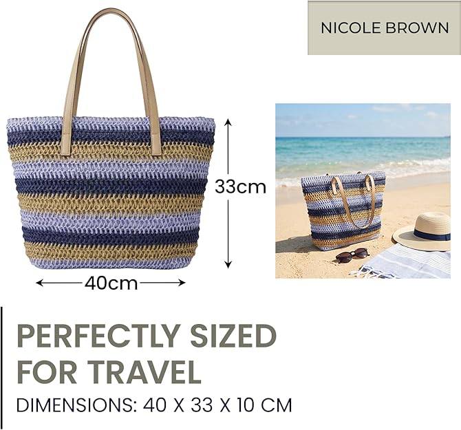 Nicole Brown Women's Straw Tote Bag - Woven Summer Beach Bag with Zip Closure & Interior Pocket, Lightweight Holiday Shoulder Shopper for Travel, Shopping & Beach Days