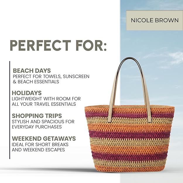 Nicole Brown Women's Straw Tote Bag - Woven Summer Beach Bag with Zip Closure & Interior Pocket, Lightweight Holiday Shoulder Shopper for Travel, Shopping & Beach Days